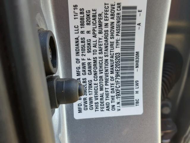 19XFC1F79HE205203 - 2017 HONDA CIVIC EXL 银色 照片 10
