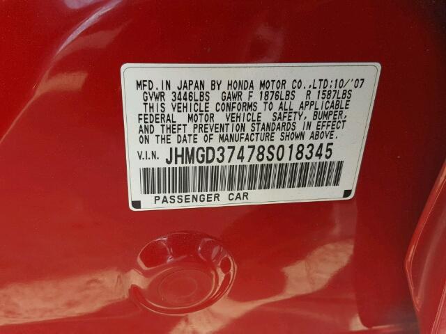 JHMGD37478S018345 - 2008 HONDA FIT RED photo 10