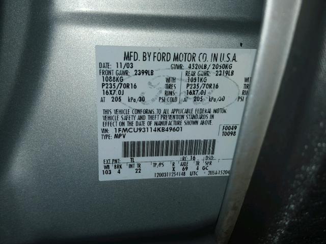 1FMCU93114KB49601 - 2004 FORD ESCAPE XLT SILVER photo 10