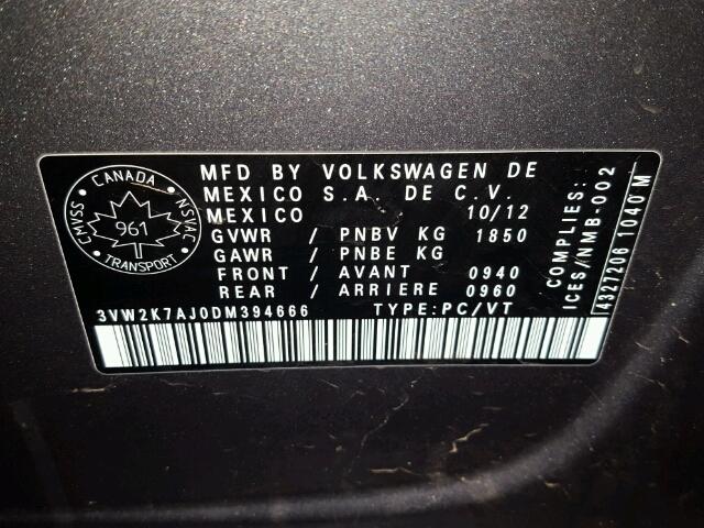 3VW2K7AJ0DM394666 - 2013 VOLKSWAGEN JETTA BASE 灰色 照片 10