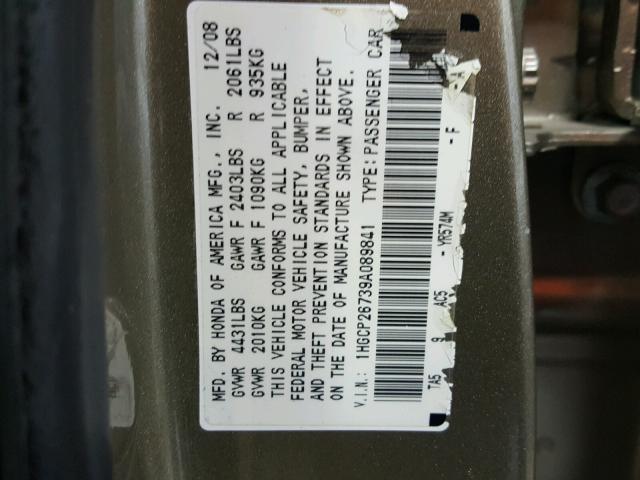 1HGCP26739A089841 - 2009 HONDA ACCORD EX GOLD photo 10