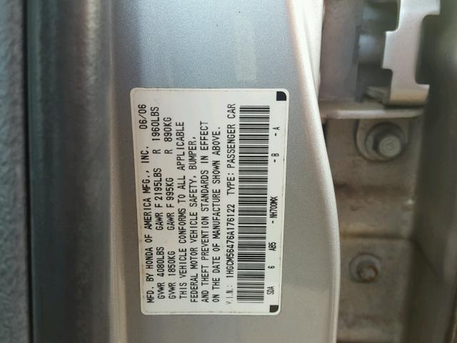 1HGCM56476A176122 - 2006 HONDA ACCORD LX SILVER photo 10