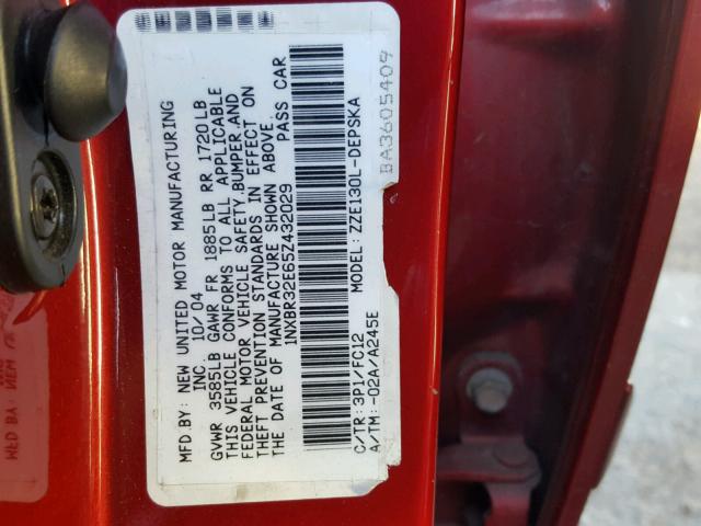 1NXBR32E65Z432029 - 2005 TOYOTA COROLLA CE RED photo 10