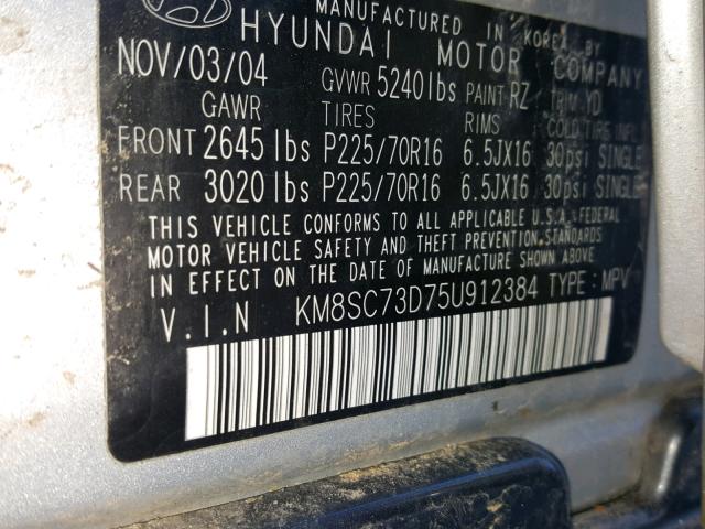 KM8SC73D75U912384 - 2005 HYUNDAI SANTA FE G SILVER photo 10