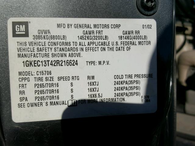 1GKEC13T42R216624 - 2002 GMC YUKON GRAY photo 10