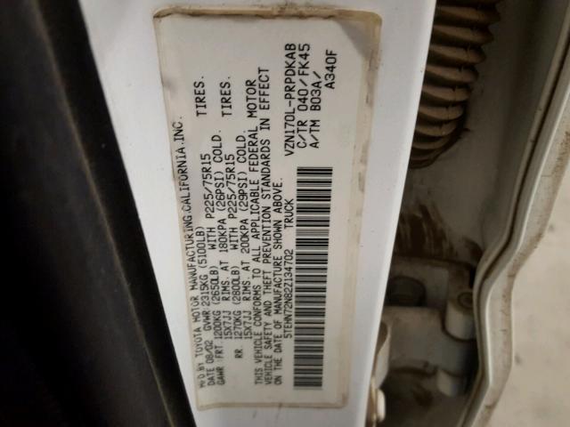 5TEHN72N82Z134702 - 2002 TOYOTA TACOMA DOU WHITE photo 10