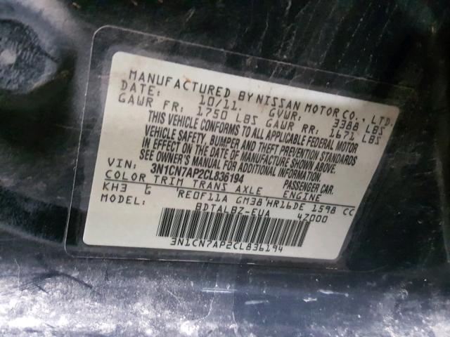 3N1CN7AP2CL836194 - 2012 NISSAN VERSA S BLACK photo 10