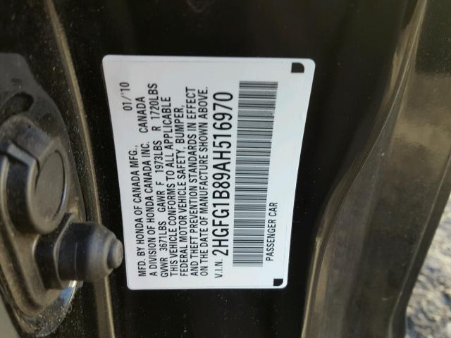 2HGFG1B89AH516970 - 2010 HONDA CIVIC EX BLACK photo 10