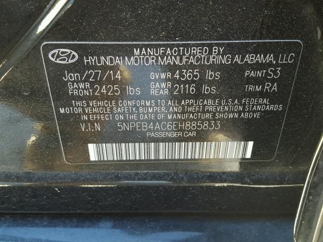 5NPEB4AC6EH885833 - 2014 HYUNDAI SONATA GLS BLACK photo 10