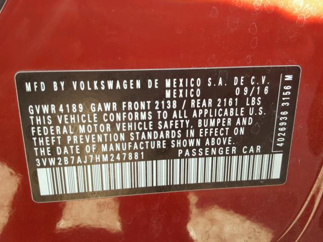 3VW2B7AJ7HM247881 - 2017 VOLKSWAGEN JETTA S 红色 照片 10