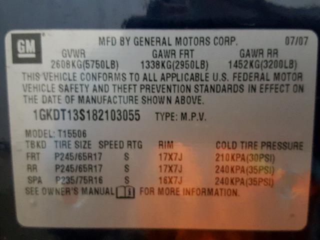 1GKDT13S182103055 - 2008 GMC ENVOY BLUE photo 10