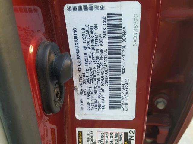 1NXBR38E84Z320001 - 2004 TOYOTA COROLLA CE RED photo 10