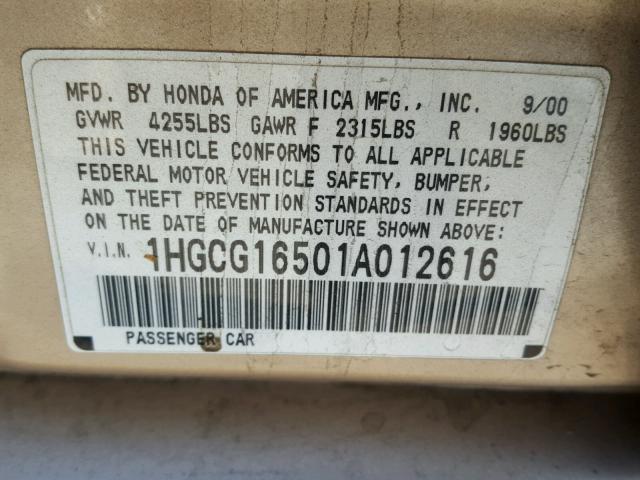 1HGCG16501A012616 - 2001 HONDA ACCORD EX GOLD photo 10