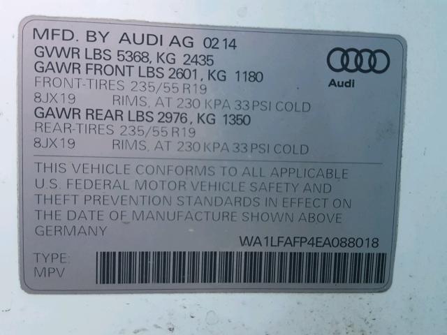 WA1LFAFP4EA088018 - 2014 AUDI Q5 PREMIUM WHITE photo 10