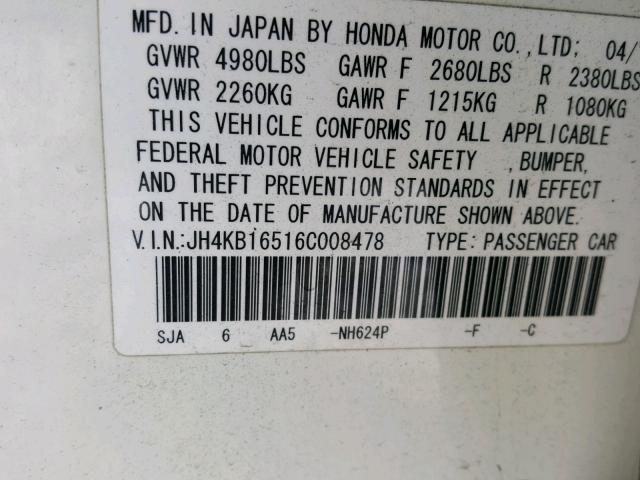 JH4KB16516C008478 - 2006 ACURA RL თეთრი ფოტო 10