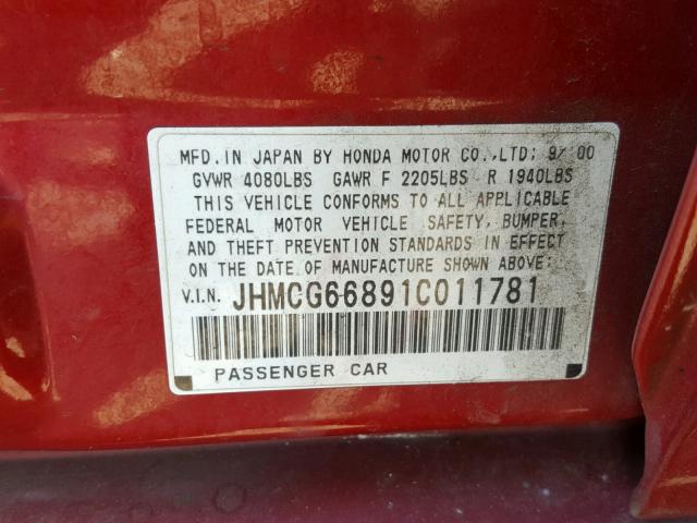 JHMCG66891C011781 - 2001 HONDA ACCORD EX RED photo 10