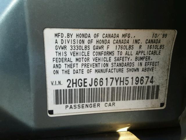 2HGEJ6617YH519674 - 2000 HONDA CIVIC BASE BLUE photo 10