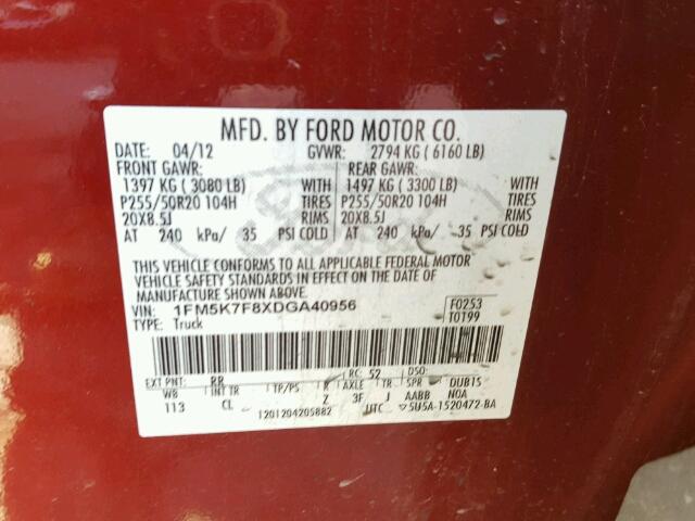 1FM5K7F8XDGA40956 - 2013 FORD EXPLORER L RED photo 10