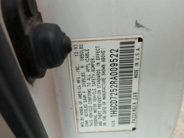 1HGCD7252RA009522 - 1994 HONDA ACCORD EX WHITE photo 10