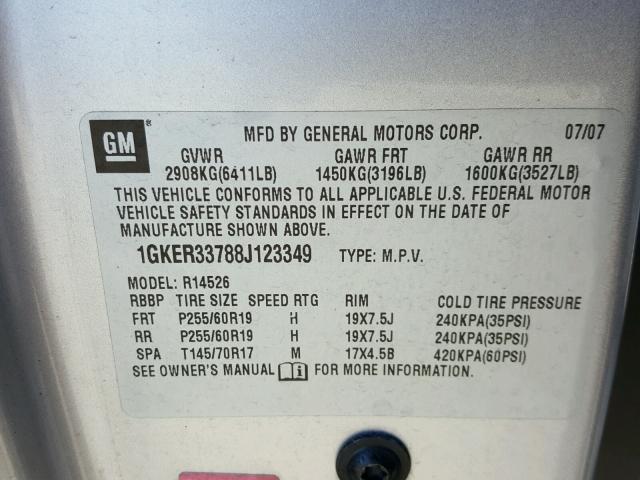 1GKER33788J123349 - 2008 GMC ACADIA SLT ვერცხლისფერი ფოტო 10