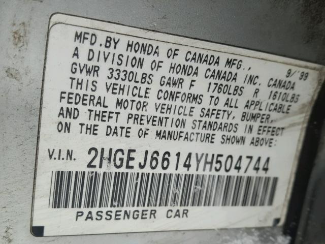 2HGEJ6614YH504744 - 2000 HONDA CIVIC BASE SILVER photo 10