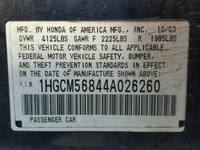 1HGCM56844A026260 - 2004 HONDA ACCORD EX BLUE photo 10