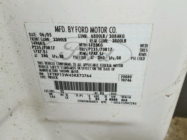 1FTRF12W45KE73764 - 2005 FORD F150 WHITE photo 10