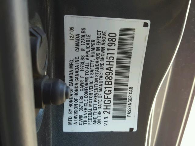 2HGFG1B89AH511980 - 2010 HONDA CIVIC EX 灰色 照片 10