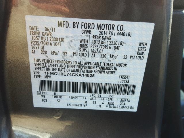 1FMCU0E74CKA14625 - 2012 FORD ESCAPE LIM GRAY photo 10