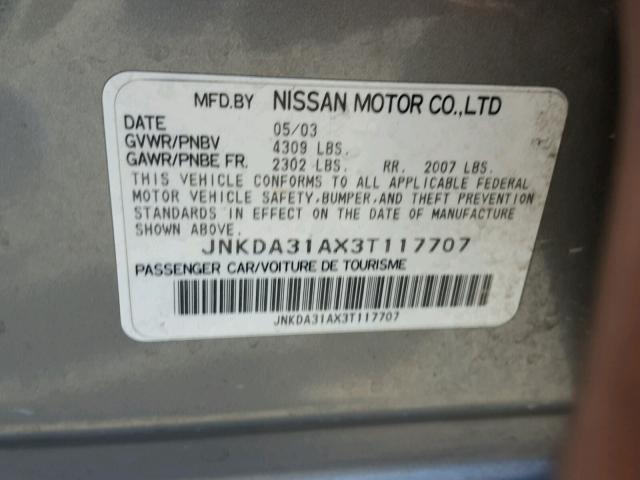 JNKDA31AX3T117707 - 2003 INFINITI I35 GRAY photo 10