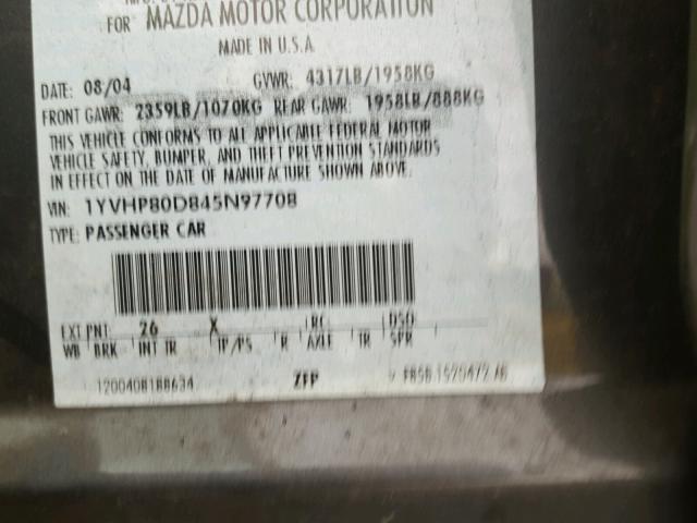 1YVHP80D845N97708 - 2004 MAZDA 6 S GRAY photo 10