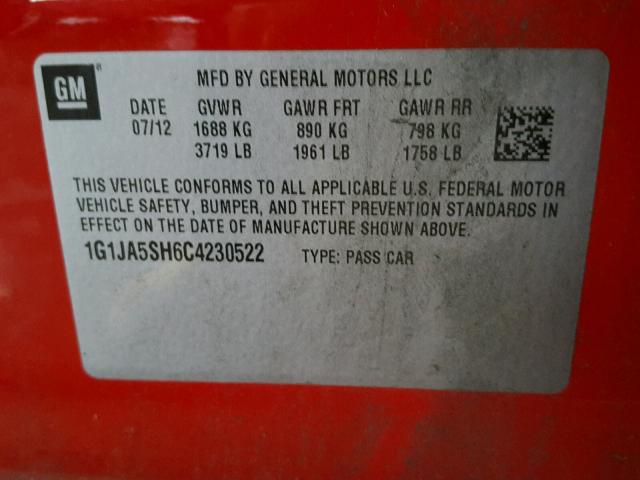 1G1JA5SH6C4230522 - 2012 CHEVROLET SONIC LS 红色 照片 10