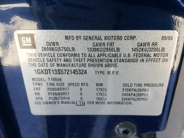 1GKDT13S572145324 - 2007 GMC ENVOY BLUE photo 10