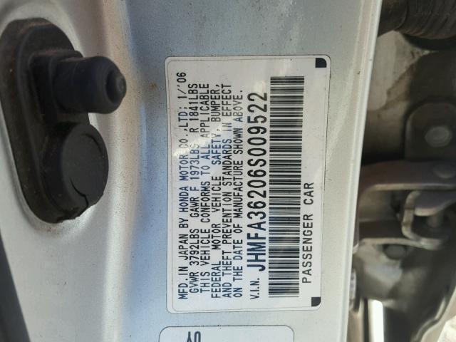 JHMFA36206S009522 - 2006 HONDA CIVIC HYBR SILVER photo 10