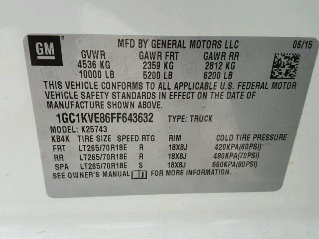 1GC1KVE86FF643632 - 2015 CHEVROLET SILVERADO WHITE photo 10