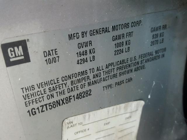 1G1ZT58NX8F148282 - 2008 CHEVROLET MALIBU LT SILVER photo 10