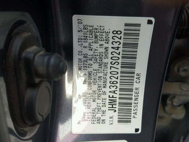 JHMFA36207S024328 - 2007 HONDA CIVIC HYBR GRAY photo 10