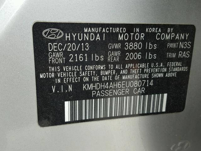 KMHDH4AH6EU080714 - 2014 HYUNDAI ELANTRA SE SILVER photo 10