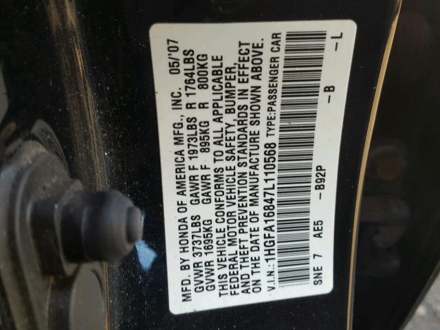 1HGFA16847L110568 - 2007 HONDA CIVIC EX BLACK photo 10