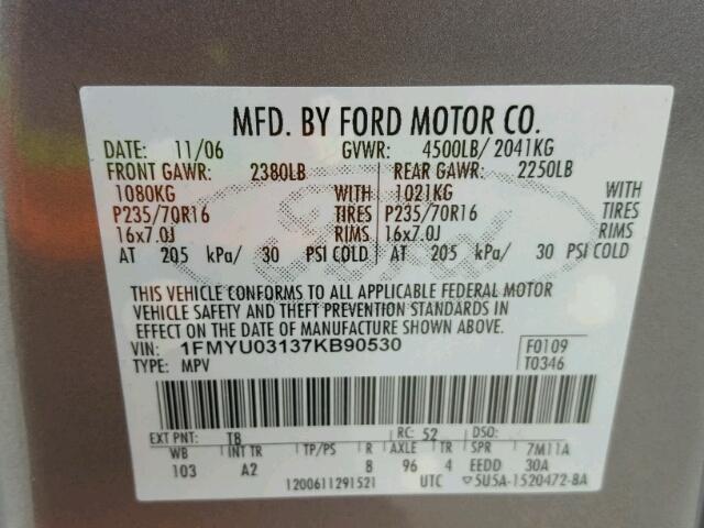 1FMYU03137KB90530 - 2007 FORD ESCAPE XLT GRAY photo 10