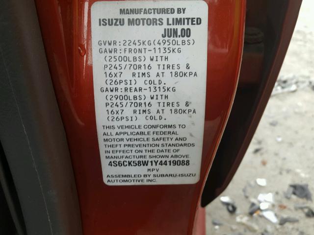 4S6CK58W1Y4419088 - 2000 HONDA PASSPORT E Qırmızı foto 10