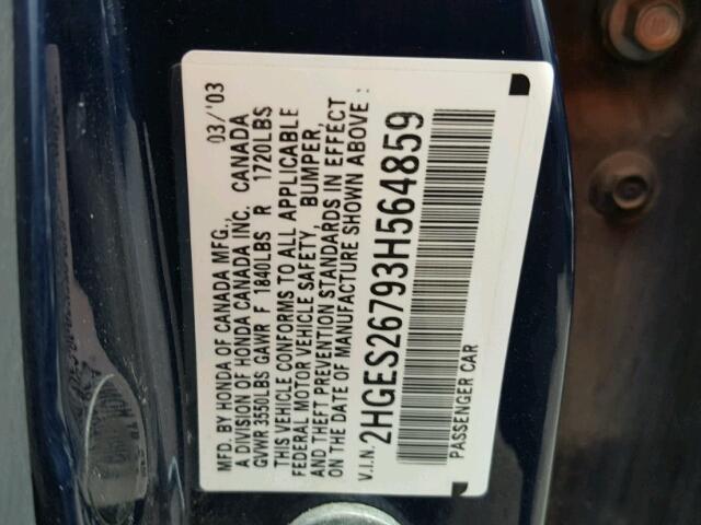 2HGES26793H564859 - 2003 HONDA CIVIC EX BLUE photo 10