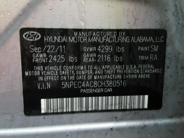 5NPEC4AC8CH380516 - 2012 HYUNDAI SONATA SE SILVER photo 10