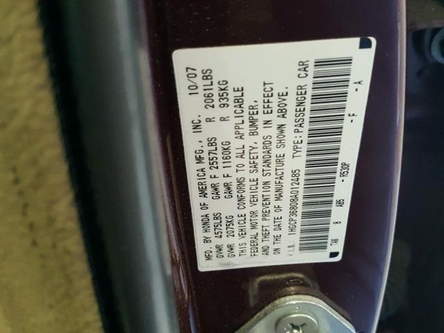 1HGCP36808A012485 - 2008 HONDA ACCORD EXL MAROON photo 10