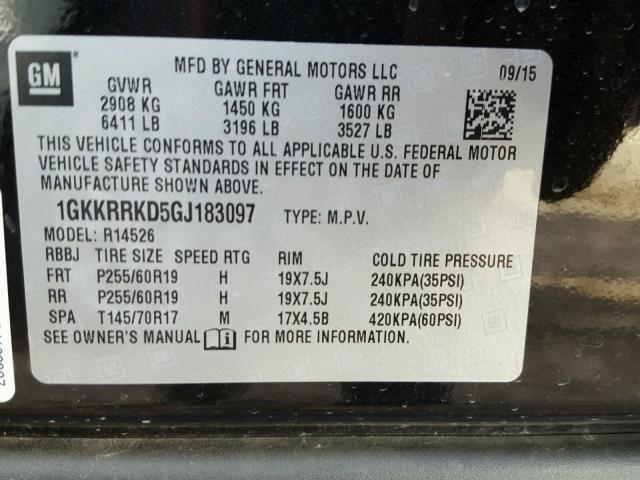 1GKKRRKD5GJ183097 - 2016 GMC ACADIA SLT შავი ფოტო 10