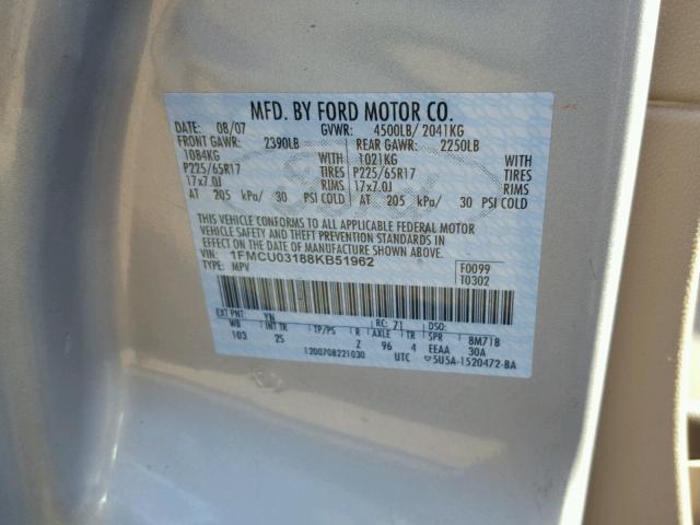 1FMCU03188KB51962 - 2008 FORD ESCAPE XLT SILVER photo 10