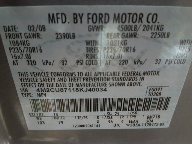 4M2CU87118KJ40034 - 2008 MERCURY MARINER PR GRAY photo 10