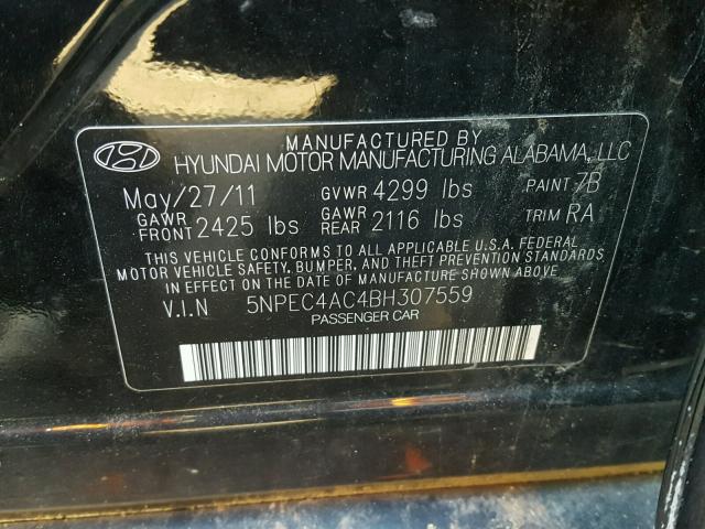 5NPEC4AC4BH307559 - 2011 HYUNDAI SONATA SE BLACK photo 10