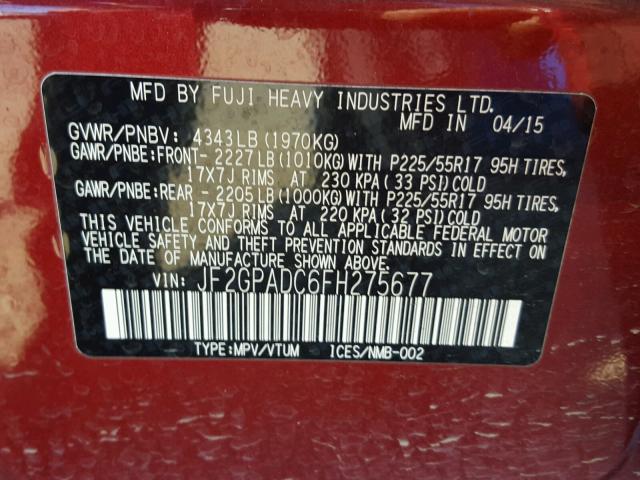 JF2GPADC6FH275677 - 2015 SUBARU XV CROSSTR RED photo 10