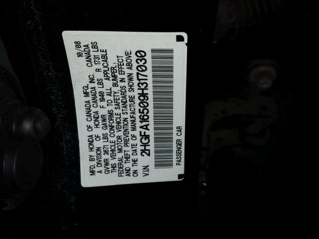 2HGFA16509H317030 - 2009 HONDA CIVIC LX BLACK photo 10